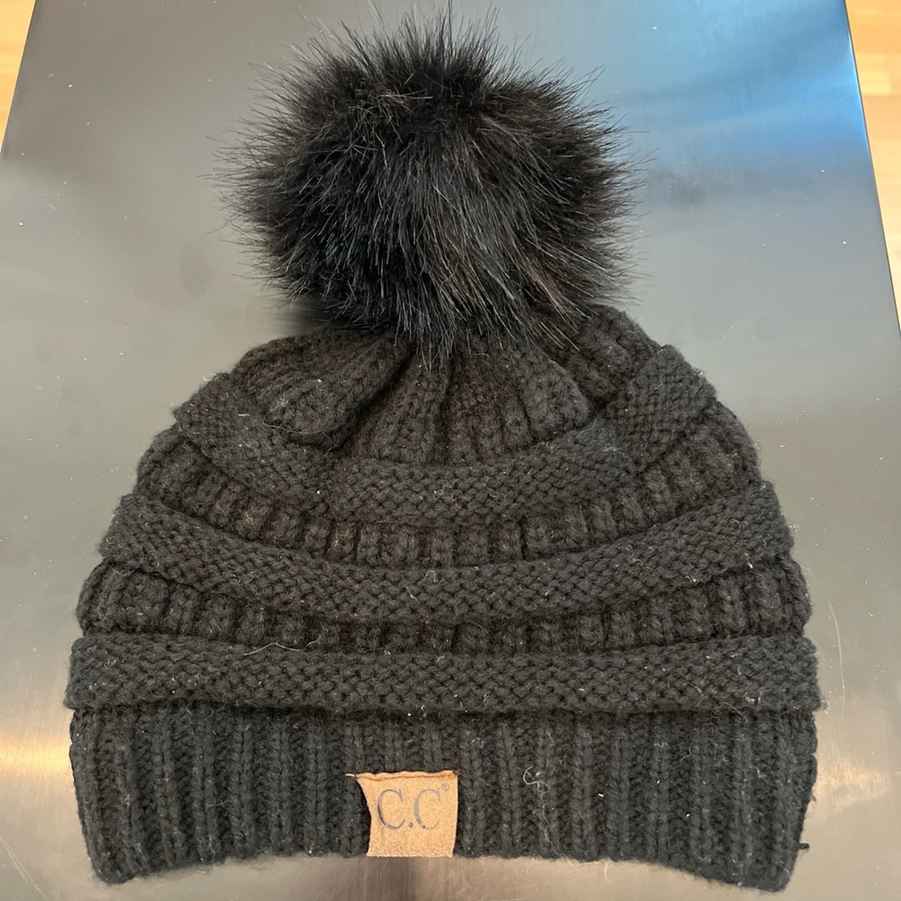 C.C black Knit Beanie with Pom-Pom
